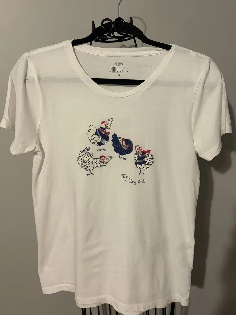 J. Crew White t shirt top Chick Graphic 4 calling birds hens